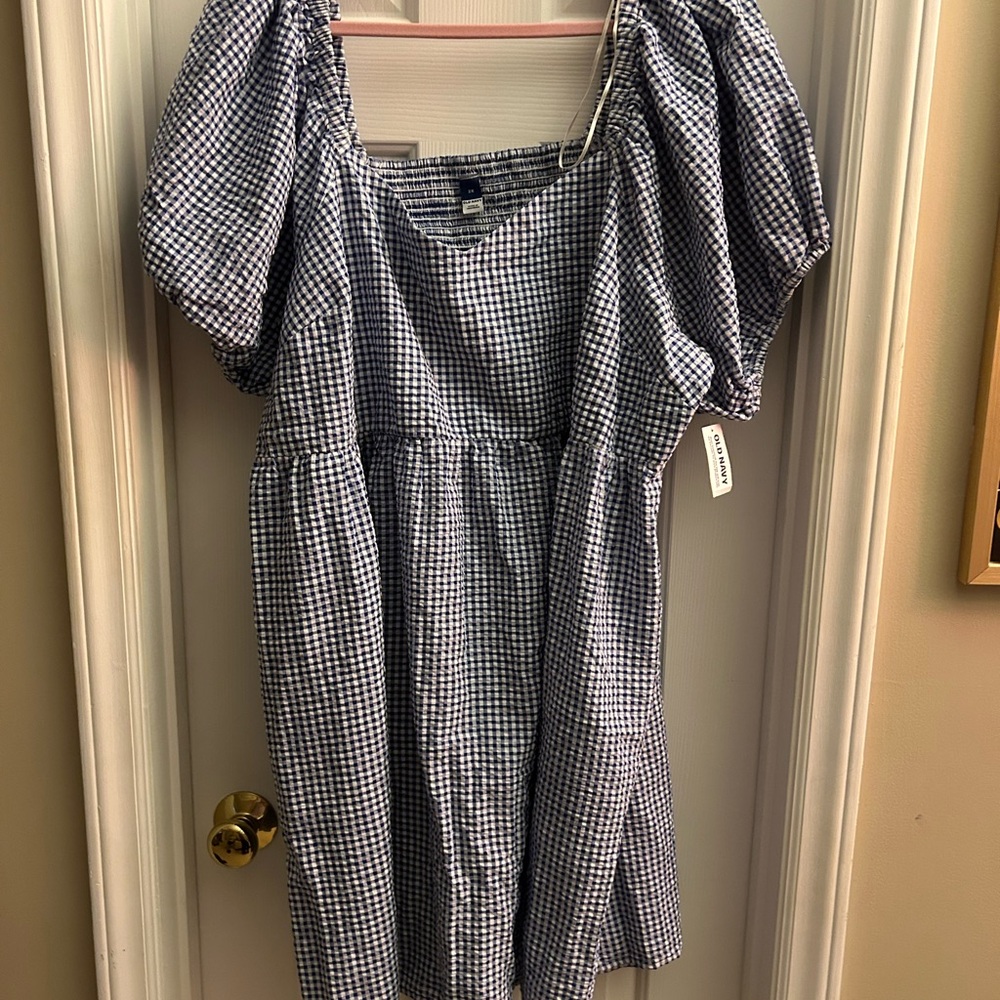 NWT Old Navy 3X Blue Gingham Puff Sleeve Dress